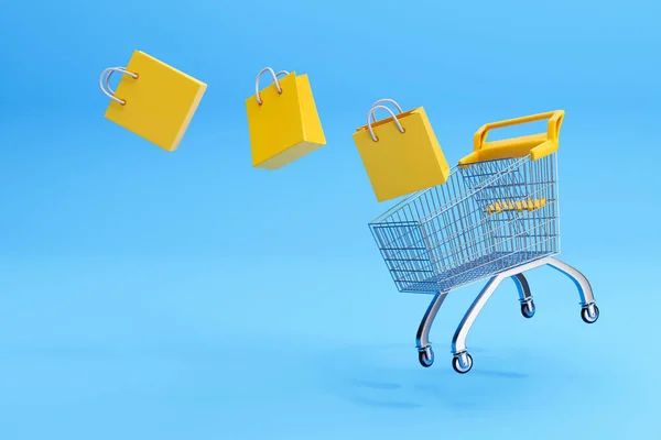 Fliegender Einkaufswagen Mit Einkaufstaschen Auf Blauem Hintergrund Einkaufswagen Illustration — Stockfoto