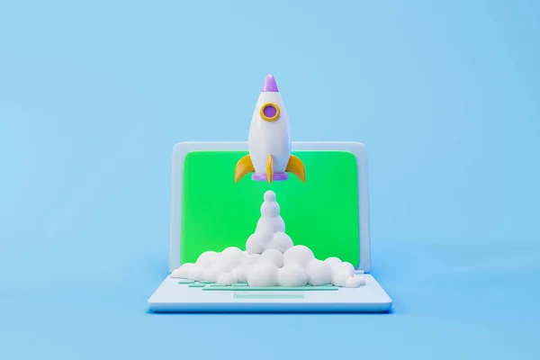 Rocket launch on laptop, flying rocket icon, business startup project concept. 3d illustration