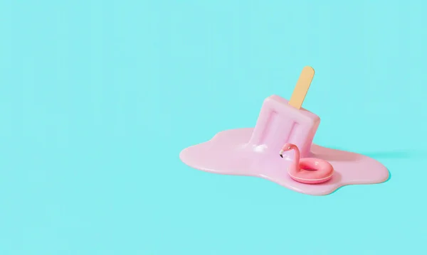 Înghețată Roz Stick Topirea Flamingo Plutesc Fundal Albastru Pastel Idee — Fotografie, imagine de stoc