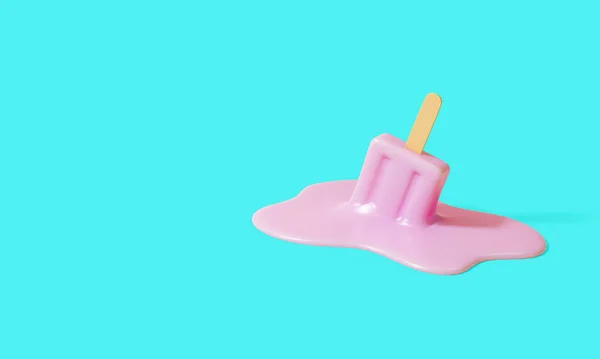Pink stick ice cream melting on pastel blue background. Creative idea minimal summer concept. 3d illustration