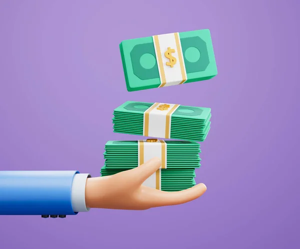 3D Hand holding banknote on purple background, money saving, online payment and payment concept. 3d illustration