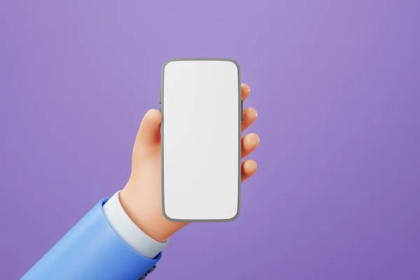3D Cartoon hand holding smartphone isolated on purple background, Hand using mobile phone mockup. 3d illustration