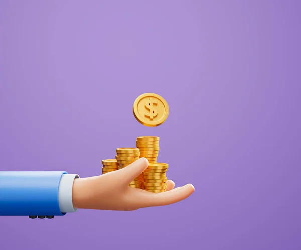 3D Hand holding coin stack on purple background, money-saving, online payment, and payment concept. 3d illustration