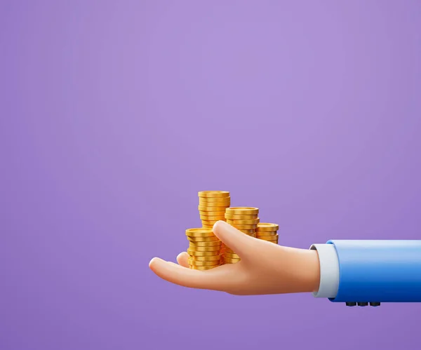 3D Hand holding coin stack on purple background, money-saving, online payment, and payment concept. 3d illustration