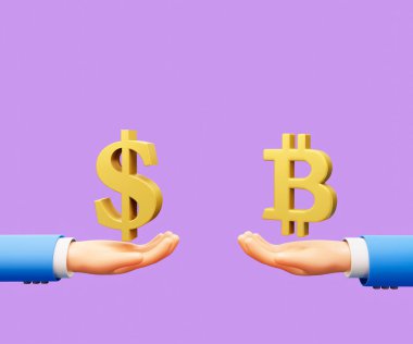 3D karikatür el para değişimi bitcoin ve $3d illüstrasyon