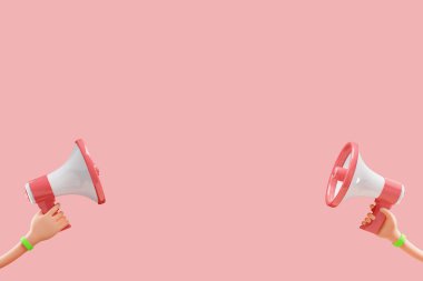Pembe arka planda fotokopi alanı olan esnek bir el megafonu. 3d illüstrasyon