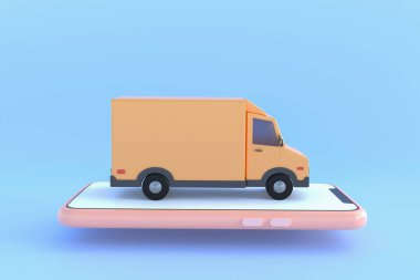 E-commerce concept, Delivery service on mobile application, Transportation delivery by truck, 3d illustration