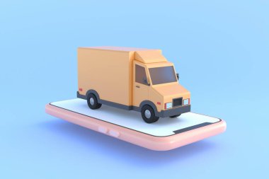 E-commerce concept, Delivery service on mobile application, Transportation delivery by truck, 3d illustration
