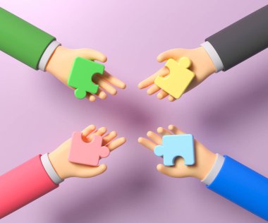 Cartoon hands connecting jigsaw puzzle. Symbol of teamwork, cooperation, partnership, Problem-solving, business concept. 3d illustration