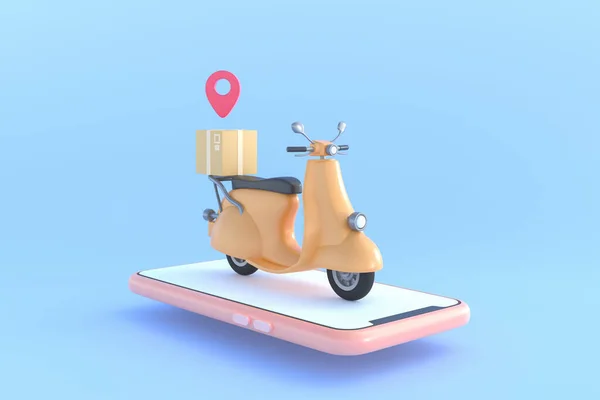 E-commerce concept, Delivery service on mobile application, Transportation delivery by truck, 3d illustration