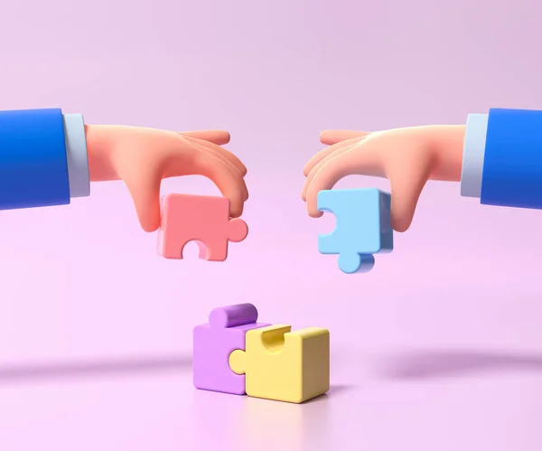 Cartoon Hands Connecting Jigsaw Puzzle Symbol Teamwork Cooperation Partnership Problem — Photo