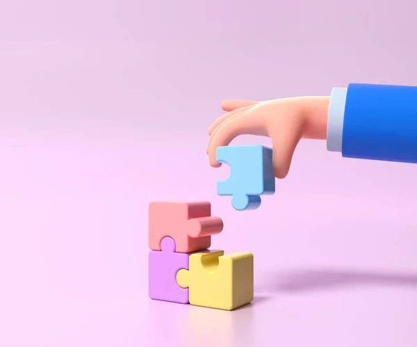 Cartoon Hands Connecting Jigsaw Puzzle Symbol Teamwork Cooperation Partnership Problem — ストック写真