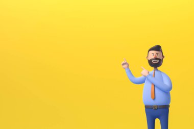 3d illustration. Cartoon character man isolated on pink background. Funny guy wears blue shirt shows direction with index finger. Recommendation concept