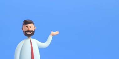 3d illustration. Cartoon character young man isolated on blue background. Sales manager wears white shirt, red tie, looks at camera, show gesture. Presentation concept. Successful businessman