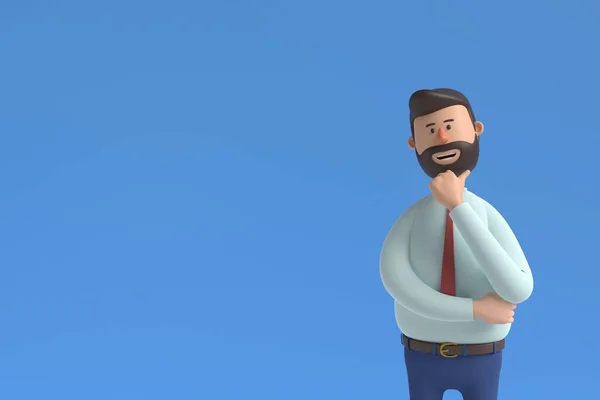 3d illustration. Cartoon character cute BUSINESS man isolated on blue background. Serious guy thinking pose. Caucasian male wears white shirt and red tie.