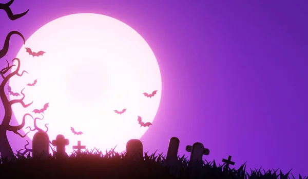Night Full Moon Bats Banner Colorful Scary Halloween Illustration Stock Kép