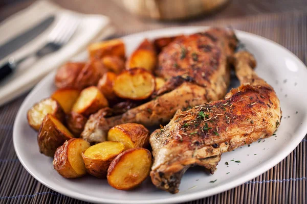 Roast Chicken Thighs Potatoes Plate — Stock Photo, Image