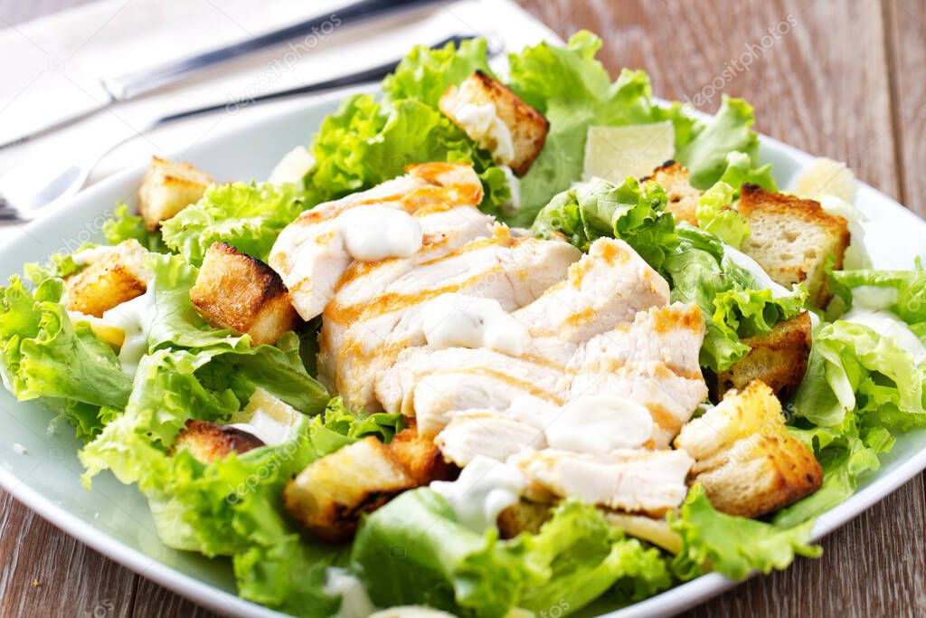 Classic Chicken Caesar Salad on a plate