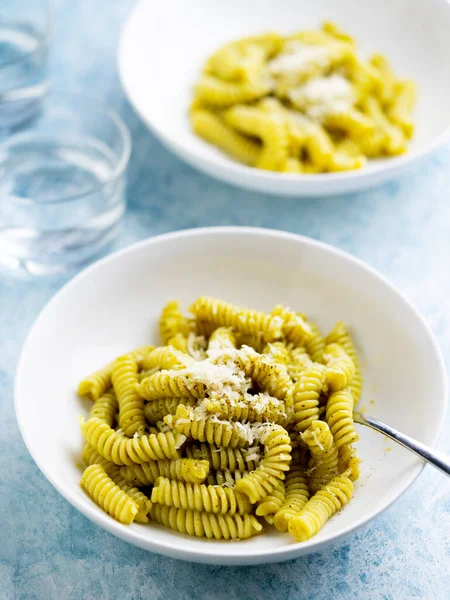 Plate Pasta Pesto Genovese Fresh Basil Olive Oil Garlic Pine — Stock Photo, Image