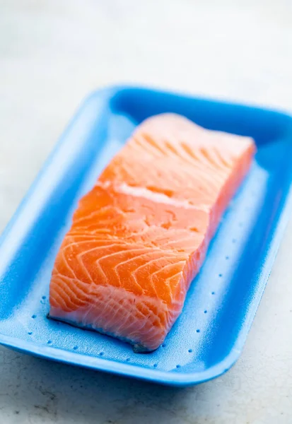 Fresh Raw Salmon Plastic Container Close View High Quality Photo — Stock Photo, Image