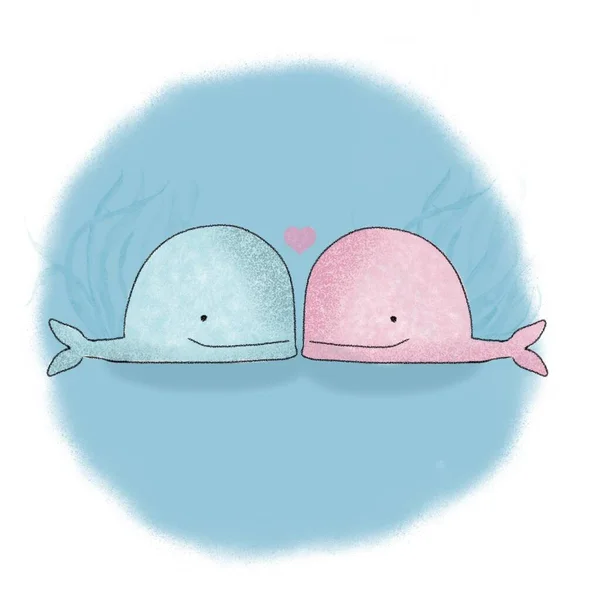Zwei verliebte Wale auf blauem Hintergrund — Stockfoto