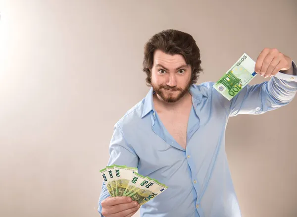 Jeune Homme Riche Frivole Tient 100 Billets Euros Dans Ses — Photo