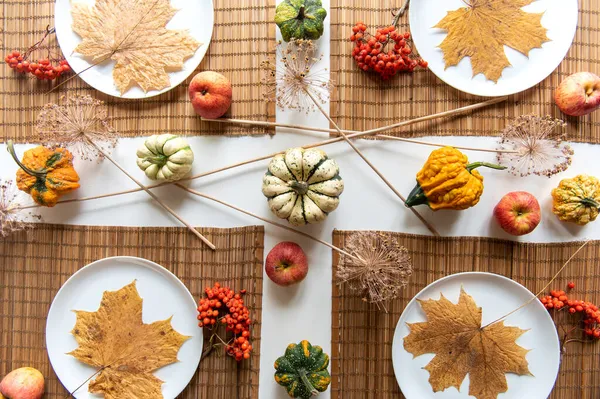 Flat Lay Small Pumpkins Dry Brown Maple Leafs White Plates — Stock Photo, Image