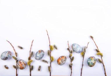 Easter background flat lay with branches pussy willows and colorful painted eggs on white