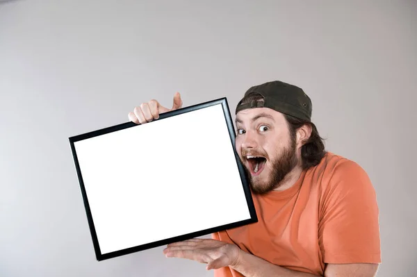 Young Handsome Bearded Man Showing Blank Signboard Isolated Gray Background — Foto Stock