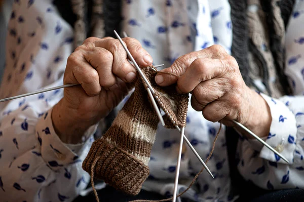 Close Hands Elderly Woman Knitting Sock Stock Image