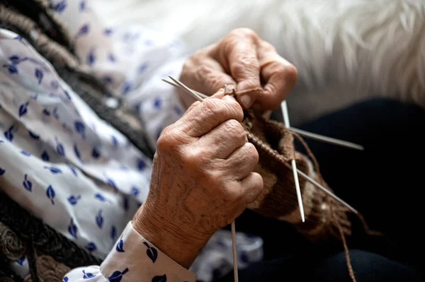 Close Hands Elderly Woman Knitting Stock Picture