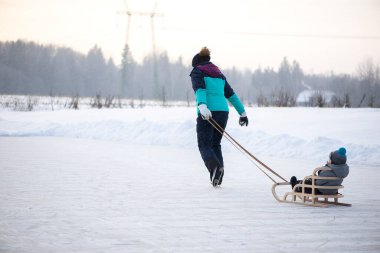 Genç ve mutlu anne ve küçük oğlan çocuğunun kışın karlı gölde kızak kayışının arka görüntüsü.