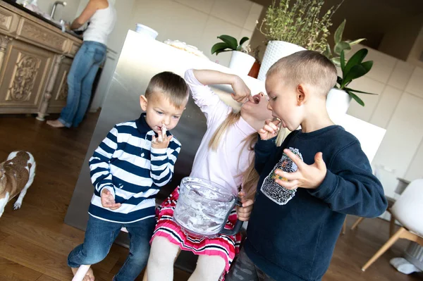 Üç çocuk ve köpek mutfakta tatlı krema yerken anne de bayram pastası hazırlıyor.