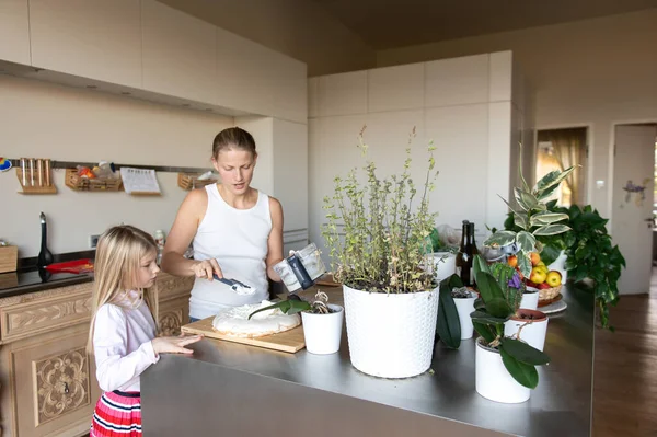 Anne ve kızı evde tatlı tatlı kremalı pasta hazırlıyorlar.