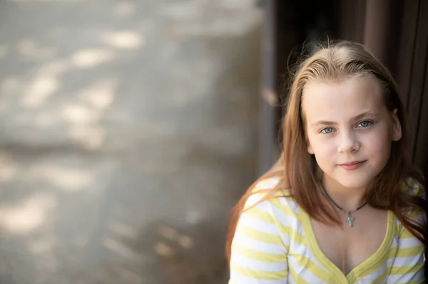 Portrait of little girl face with blue eyes looking at camera