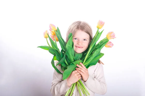Smiling Little Girl Child Front Teeth Holding Colorful Bouquets Tulips — Zdjęcie stockowe