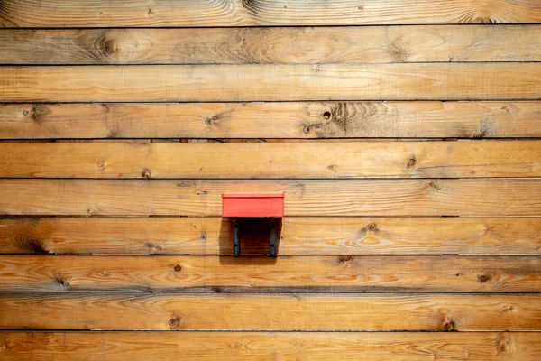Old Brown Wooden Lath Textured Wall Background Red Box — Stock Photo, Image