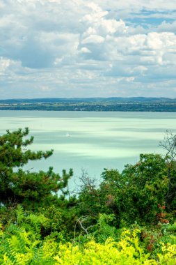 Sıcak yaz gününde, Tihany 'den Balaton Gölü manzara manzarası, Macaristan