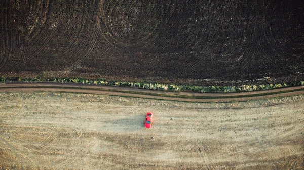 Spring Siberia Machine Field Divided Two Parts Plowed Red Car — Stock Photo, Image