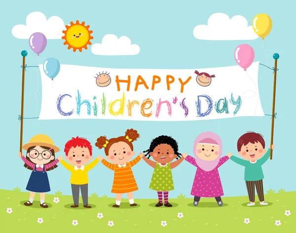 Niños Felices Sosteniendo Estandarte Del Día Los Niños — Vector de stock