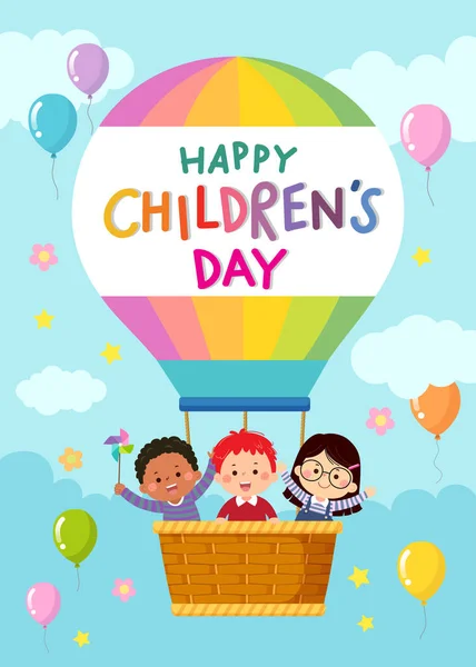 Счастливый Детский День Мультяшными Детьми Катающимися Воздушном Шаре — стоковый вектор