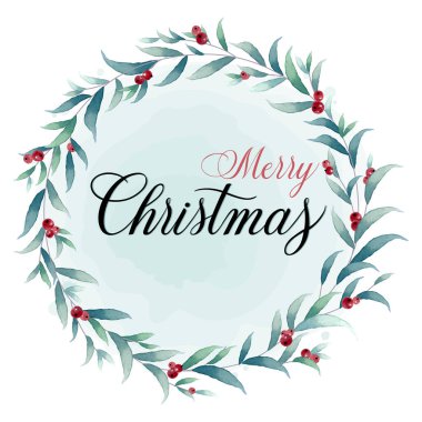 Noel çelengi ve kırmızı böğürtlen. Mutlu Noeller el yazısı..