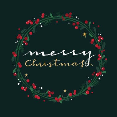 Noel çelengi ve kırmızı böğürtlen. Mutlu Noeller el yazısı..