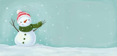 Merry christmas background with happy snowman in winter scenery with copy space.
