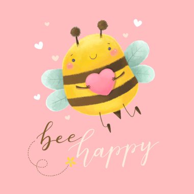 Cute bee holding pink heart with quote bee happy on pink background. Valentines Day card.