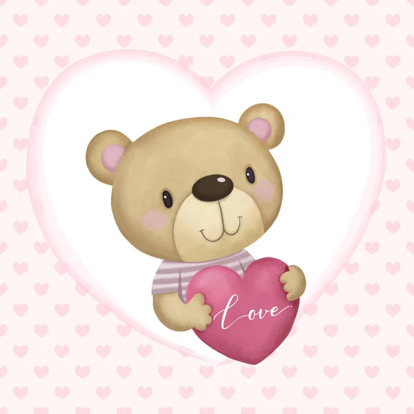 Valentines Day Card Cute Teddy Bear Hugging Pink Heart Shaped — Stockvektor