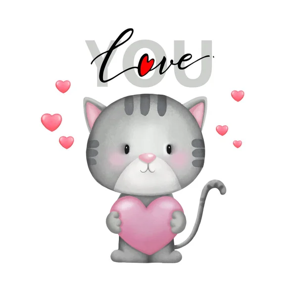 Valentines Day Card Cute Grey Cat Holding Pink Shaped Heart — Stockvektor
