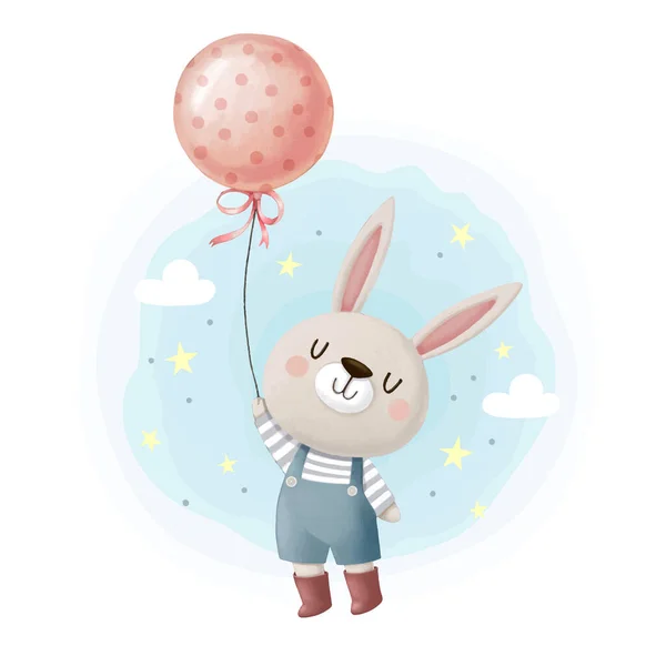 Cute Bunny Rabbit Pink Balloon Polka Dot Flying Sky — Stock Vector