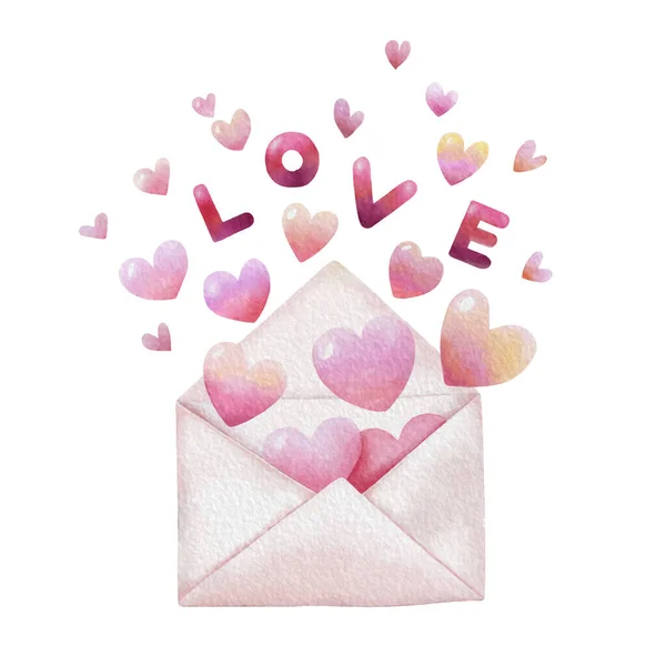 Hjärtan Flyger Öppnade Kuvert Akvarell Stil Kärleksbrev För Alla Hjärtans — Stock vektor