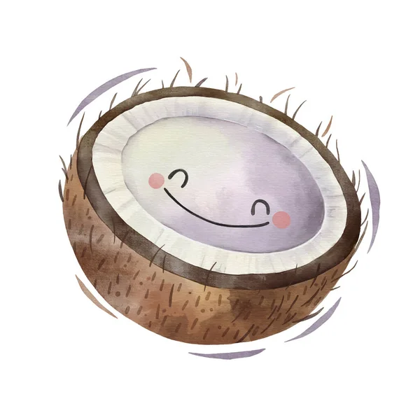 Watercolor Cute Coconut Cartoon Character — Stockový vektor